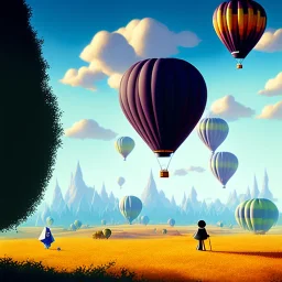 The mouse and the grim reaper on balloon world, discussing the future of the universe, art by Pixar and Magritte