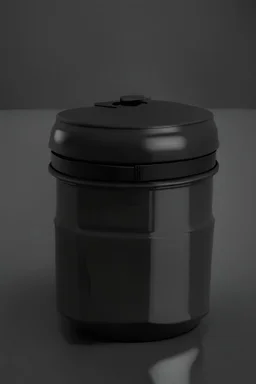 black container, plastic, realism, with screw lid, no labels, round container, kickforce view, dark studio setting