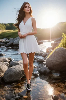 full body shot of realistic, portrait and full body of a woman standing next to rocky river in country side, beautiful face with nice make up, sunlight, cinematic light, bangs, a beautiful woman, beautiful eyes, brown curved hair, perfect anatomy, very cute, princess eyes , (blue eyes) , nice sport shoes ,Centered image, stylized, life size,8k Resolution, low-cut dress with small blue details, human hands, wonder full, elegant, approaching perfection, dynamic, highly detailed, character sheet,