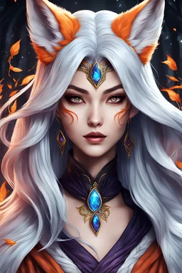 create an ethereal, darkly magical ,Kitsune sorceress with highly detailed and deeply cut facial features, precisely drawn, boldly lined and colored