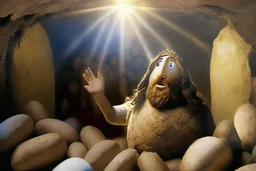 The Potato Nose God's son Jesus arrives home.Jesus arrived in heaven with two piles of skins, where the Potato Nose God was waiting with champagne.