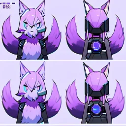 a fox fursona, furry, fursona, fursona reference sheet, high quality, 8k, fox tail, winged, fur, anthropomorphic, master quality, cyberpunk, backlighting, soft lights, black and purple color pallet