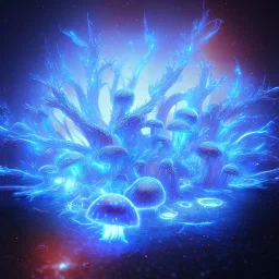 Spherical Frost metal magic armoured lightning Mycelium MUSHROOMS stars galaxy SPACE lANDSCAPE BURNING IN BLUE FLAMES hellfire abyss math chaos blob