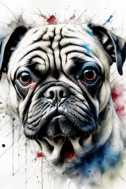 A portrait of a pug by Agnes Cecile by Willem Haenraets, loose watercolour, pastel, chalk, wet on wet and splattering techniques, centred, perfect composition, abstraction,
