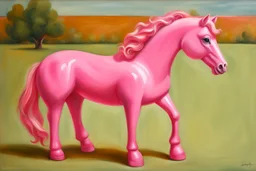 Big pink plastic toy horse.19th painting