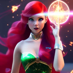 Pretty teenage girl with red hair who is dressed like a space witch casting a spell, girl has green eyes, background is realistic space renditions, wearing a black emo dress, full body portrait, rendered, unity 3d, unreal engine, dslr, hdr, 4k, edited, photorealistic, normal number of appendages