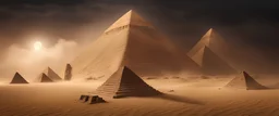 Hyper Realistic haunted view of statue of Egyptian Pyramids with sandstorm at dark night with pharaoh coffins
