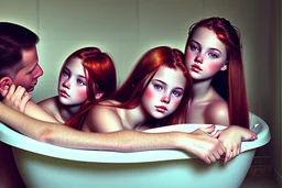 digital art of beautiful young auburn hair teenage girls with dad in the bedroom in a bathtub with grandpa hugging bare lips