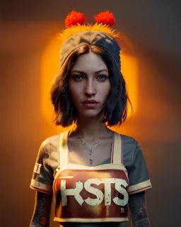 Realistic portrait, hybrid character, waitress sexy British woman with monster muppet mask that covers her entire head, Sesame Street style, retro style, pub, short shirt, tray, beer, old school tattoo, hot, smooth, unreal engine 5, god lights, ray tracing, RTX, lumen lighting, ultra detail, volumetric lighting, 3d.