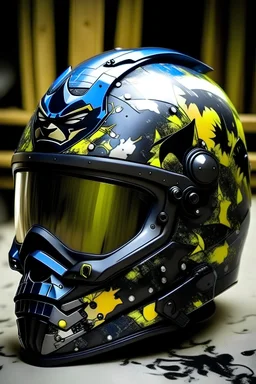 motorcycle helmet, comics picture batman on helmet, bat, flakes dye