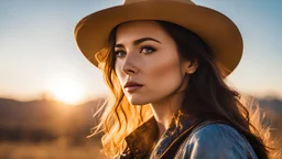 A stunning intricate full color picture of (marg0tH4rl3y :1), (lady:1.1), r3d4ndblu3, epic character composition, sunrise, yellow light, sharp focus, natural lighting, subsurface scattering, bokeh, f2, 35mm, film grain, cowboy shot