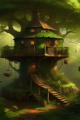 a tiny house, nestled in the uppermost branches of a towering tree, providing a cozy and secluded sanctuary amidst the dense foliage of a vibrant forest. The air is filled with the earthy scent of moss and leaves, and the gentle rustling of the wind creates a soothing melody. The mood is whimsical and inviting, with a touch of mystery and adventure. A mix of realism and fantasy, capturing the magic of nature's embrace. Watercolor washes and intricate line work, reminiscent of the Art Nouveau mov