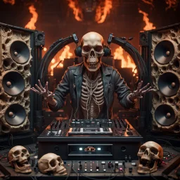 DJ of the damnded, insanely detailed DJ booth in hell, MID set, speakers and equipment made of bone, anatomically correct, add more skulls in th audience, photorealism, vray, 8k 3d