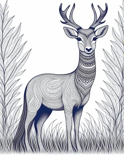 coloring pages: Majestic deer in an, adorned with intricate tribal patterns, and flowing mane-like hair, standing tall and proud in a lush savannah, surrounded by tall grass and baobab trees, Artwork, mixed media on canvas coloring pages