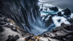 This mesmerizing ocean cliff scene captures the dramatic power and beauty of nature. Towering rugged cliffs stand majestically against the vast expanse of the ocean, where the water pours into a singular bottomless pit. The cliffs, with their sharp and jagged edges, create a stark contrast to the rough, flowing water, making the scene even more captivating. Sunlight pierces through the mist rising from the waterfalls, creating a magical, ethereal atmosphere