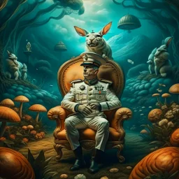 portrait of macho army officer on a bar chair inside mushroom grove with huge fluffy space chinchilla in the style of Salvador Dali, 4 k, down-light, soft light, depth of field, photo realism, trending on art station, high detail, spray paint