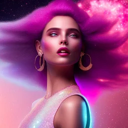 woman glitter pink in a galactic ambiance, smiling and laughting, long white hairs , blue eyes ,the whole body and head, delicate colors in the foreground, full of details, smooth, light effect，vaporwave colorful, smooth, extremely sharp detail, finely tuned detail, ultra high definition, 8 k, unreal engine 5, ultra sharp focus