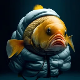 A fish wearing a puffy jacket, underwater, HD is cold