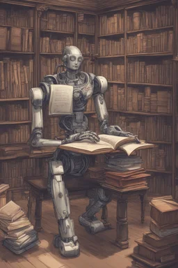 A huge library is serviced by computers, and there are many books on the shelves. The robot is sitting on a chair at the table and holding an antique book in his hands. Expression. High-quality drawing, 8K