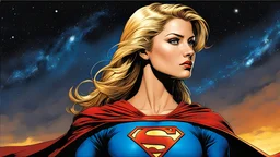 (side view:0.5), (supergirl), comic style, illustration, cartoon, [by Jacen Burrows | by Clyde Caldwell | by ben templesmith:0.2], (acryllic illustration:0.22), (galaxy) background, highly detailed, (gloomy:1.1)