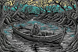 on the dark river in a boat the crepy boatman is the death goes for the souls of the dead people, surreal style, dark colors, strange landscape, detailed, sinister, depressive, surreal style crepy stunning