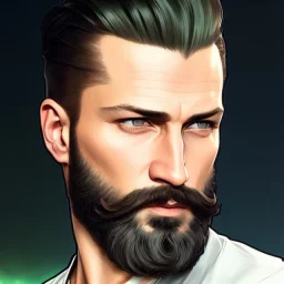 "MIddle aged white human male, with a trimmed but uneven beard, piercing green eyes with slick back hair,complete head and shoulders portrait, 8k resolution concept art portrait by Greg Rutkowski, Artgerm, WLOP, Alphonse Mucha dynamic lighting hyperdetailed intricately detailed Splash art trending on Artstation triadic colors Unreal Engine 5 volumetric lighting Splash art fantasy"