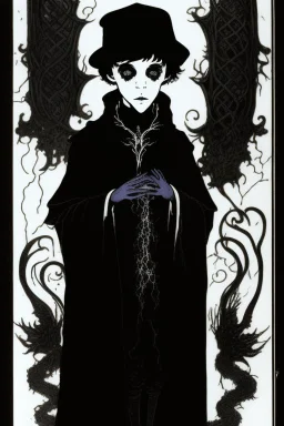 7 year old boy, necromancer, friendly, looks dead, surrounded by weird smoke with eyes, wearing black robes, in the style of Harry Clarke