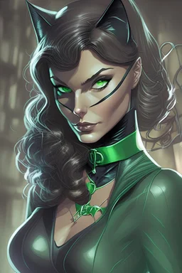 Dc marvel beautiful catwoman with green eyes and light long brown hair wearing a black suit stealing jewelleries with her cat comic anime 2d drawing style