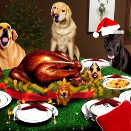 Dogs eating Christmas dinner with alien lion and floating ball, and exquisitely decorated turkey and HR giger alien