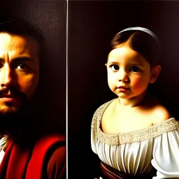 portrait of Jacobo Santiago Mozos born in 1976 and Gemma Arnau Arnau born in 1979,Caravaggio, oil on canvas, cinematic composition, extreme detail,8k,fit full head inside picture,