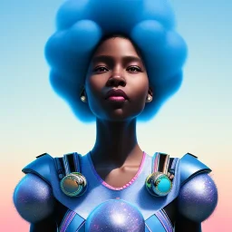 Ultra realistic photo. volumetric lighting , scientist. Young black woman, young, big smile. Joy. smiling. Afro futurism. Afro puffs. Blue hair. Ombré hair Cotton candy