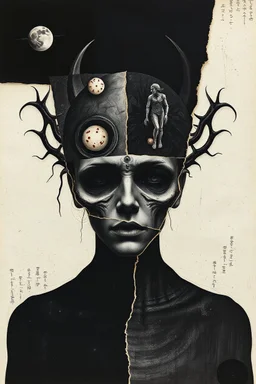 negative headspace, surreal, metaphoric, minimal, fragmented illustrated collage, 3 stages of grief, by Dave McKean and H.R. Giger