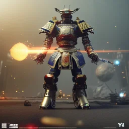  robot samurai with yakuza tatu, atmospheric, realistic, unreal engine cosmic galactic, cinematic lighting, octane render, random colors, transparent, cosmic ambiance, masterpiece, art by Yoji Shinkawa, composing fit inside, masterpiece