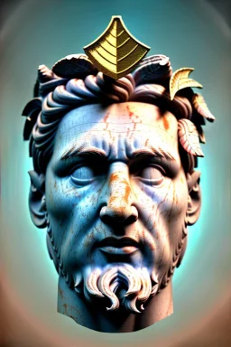 Ultra Realistic image, Roman sculpture, white marble material, Lionel Messi, gold Laurel leaves wreath, renaissance ornaments, one gold star in heart, sun ornament, blue marble background, chisel style, waist up portrait, emperor style, epic, celestial, cinematic lighting, God light, god rays, 4k resolution, smooth details, ornate details, soft lighting, unreal engine 5, art station, substance 3d.