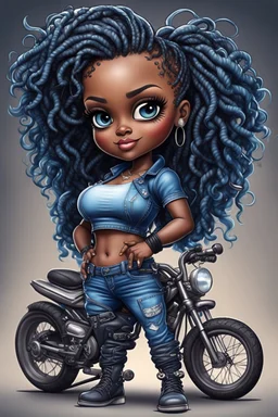 create an airbrush illustration of a chibi cartoon voluptuous black female wearing a blue jean outfit with biker boots. Prominent make up with hazel eyes. Extremely highly detail of a short and shiny twisted dreadlocks. Background of a bike show.