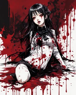 Petit girl goth, lying pose, fullbody, behind blood guts rising from the ground, illustration by <Yoji Shinkawa>, behind paint splashes darkred tones,