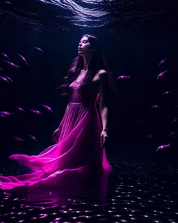 35mm, F/2.8, Incredibly hyper-detailed and intricately realistic, full body shot, A GREAT ABYSS IN THE DEPTHS, with WITH LITTLE LIGHTS COMING FROM BELOW, A WOMAN FALLS INTO THE DEPTHS, IN A BEAUTIFUL LIGHT PINK DRESS AND TRANSPARENCIES , LONG HAIR, BLACK COLOR, THE SURFACE IS LIKE A LARGE MIRROR