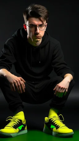 generate a tall guy with green eyes, black short hair, black rectangular glasses, plump lips, wide shoulders, in a black sweatshirt, black pants with pockets on the hips, yellow short socks, in black sneakers, wide shoulders, the guy is crying