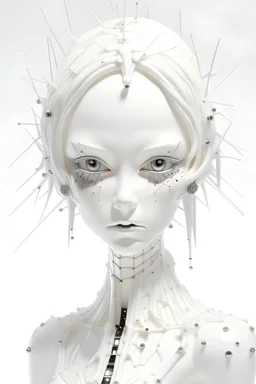 the piece show the sad facial expressions of a female humanoid, edward scissorhand, 3 fluid transparent tubes in the background, in the style of glass-like sculpture, jocelyn hobbie, glitter and crystals on the top of the head, delifate constructios, light white, creamy white background, exquisite detail