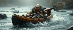 ancient bald fat ogre troll machete sitting relaxed in huge massive kayak in rapid stream, smacking fish with big metal oar with spikes