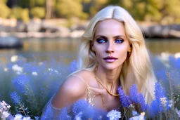 tres belle femme ,35 ans, DANSANT dans les fleurs, près d une rivière, grande douceur, souriante , très réaliste et très détaillé, HD, très glamour, trés longs cheveux blonds, yeux bleus , fin collier en or, grandes glicines ,