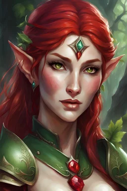 portrait, dungeons and dragons, elf, luscious, ruby red hair, druid, bosom