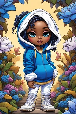 Create an colorful psychedelic comic book illustration of a chibi cartoon black female thick curvy wearing a cut of blue and white hoodie and white jeans and timberland boots. Prominent make up with long lashes and hazel eyes. Highly detailed shiny sister locs. Background of a large blue and white magnolia flowers all around her