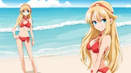 Attractive Anime Woman With Very Long Blonde Hair, Bikini, Full Body In Frame, Beach, Red Cheeks, Skinny, Looking At Camera, Smiling