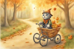 Cute little happy cat scarecrow riding a trike, forest path background, autumn, leaves swirling, waterfall, reflection, mist, sunrise, smooth intricate photorealistic hyperrealistic high definition beautiful lighting pencil sketch watercolor dramatic lighting storybook illustration polished Deep shadows deep color warm light