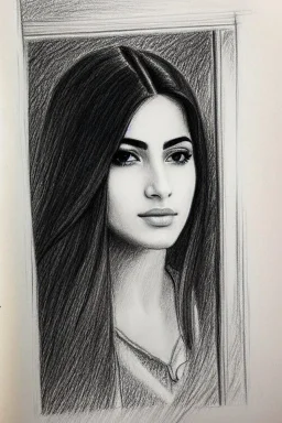 Pencil sketch of Young woman look through the window , Arab features,sad, long wavy hair, full body، on lined paper