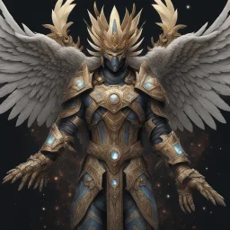 A battle suit made of galaxies and stars with a glove that has seven endless stones,A god-like man with infinite power who owns the galaxies,God-like man with infinite power who owns the galaxies and wears a beautiful crown, a jewel of diamonds and galaxies with weapons riding on a creature with an eagle head and eagle wings and eagle hands