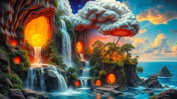 waterfall full of holes with various jungle flowing spiral cloud neon colorful Unique open cliff burning rippled surrealistic artwork with shiny shackled by cliff and sea island, while holding a waterfall doing pulling, the open cavity inside the body is a scene of an ancient Egyptian painting in the Gesang desert 5D diorama, with seven open panels revealing a forest with a thousand shadows, giving a triple exposure effect on a beautiful Balinese girl with magic breast milk and telepathic waves