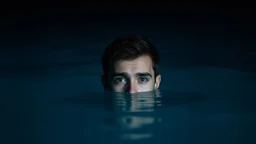 A Young Man Humorously Looking Straight With Only His Head And Beautiful Eyes Are Appearing From The Surface Of The Blue Water At Dark Night Showing Dramatic And Cinematic Ambiance.