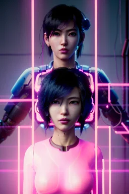 portrait, Asian cyborg woman, ghost in the shell style :: symmetry photography, cyberpunk, pink hair, makeup, long line eye, light iris, :: black samurai armor, japanese traditional pattern, wires and circuits, pink, white, black :: cinematic, Ultra realistic, dark scene, soft color, highly detailed, unreal engine 5, RTX, ultra detail, 3d, finely drawn, high definition.